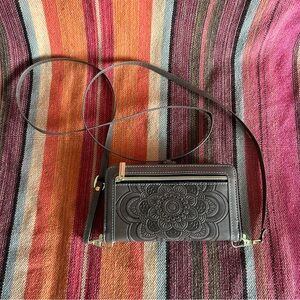 Women’s Crossbody Wallet Gray Embossed Faux Leather Mandala Floral Pattern